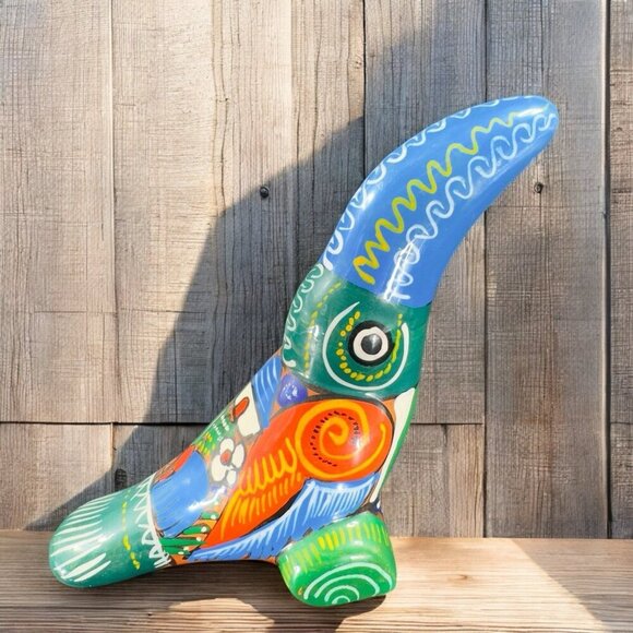 Vintage Mexico Hand Made Pottery RedWare Toucan Bird Hand Painted Decor Figure - Picture 1 of 13